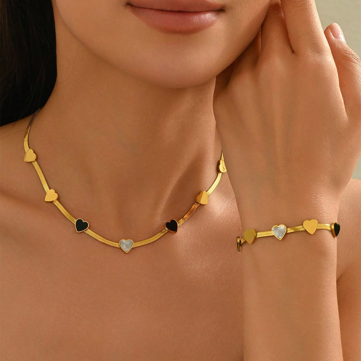 Lxalry 18K Gold Plated Stainless Steel Heart Necklace & Bracelet Set For Women - Waterproof, Hypoallergenic, Elegant Jewelry Gift For Girlfriend, Birthday, Valentines Day, Summer, Daily Wear